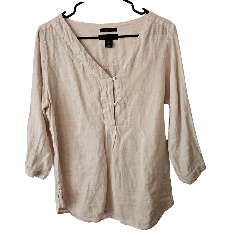 Tahari Womens Medium 100% Linen V-Neck 3/4 Sleeve Blouse Top Natural Neutral